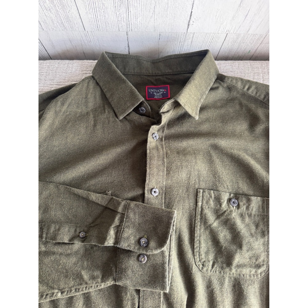 UNTUCKit Mens XXL Relaxed Fit Olive Green Herringbone Flannel Button Down Shirt